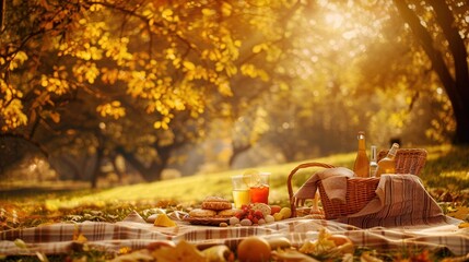 Poster - A picnic blanket is laid out in an autumnal park with a basket of food and drinks, surrounded by golden leaves.
