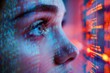 © Kedsaraporn - Close up of a woman's eye looking at a digital screen with data and code.