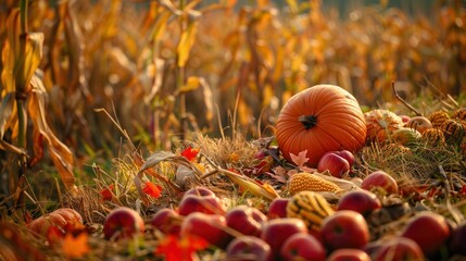 Poster - A large pumpkin rests in a field of harvested corn stalks, surrounded by fallen apples and other autumnal fruits.