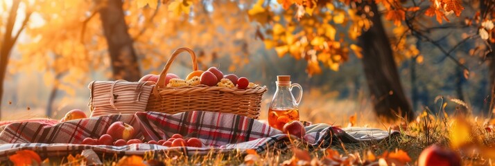 Poster - A wicker basket filled with apples and other picnic treats rests on a red and white plaid blanket, set against a backdrop of golden autumn trees.