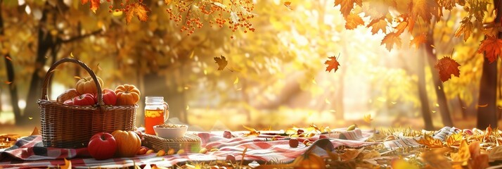 Poster - A picnic basket filled with apples, pumpkins, and a glass jar of drink sits on a red and white checkered blanket in a forest.