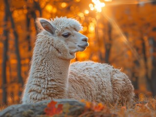 A serene llama rests in a forest with vibrant autumn foliage, bathed in warm sunlight.