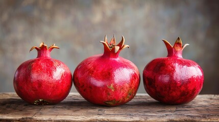 Poster - three red, ripe pomegranates are arranged in a row on a rustic wooden surface.