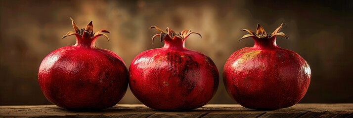 Poster - three ripe pomegranates with visible seeds rest on a rustic wooden surface.