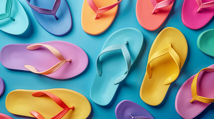 A view of summer rubber flip-flops in different colors that are perfect for a beach vacation lifestyle.
