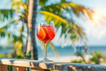 Wall Mural - Cold sangria with red wine on sunny terrace in hotel, bar or restaurant with tropical landscape on background. Traditional Spanish summer cocktail drink. Travel and vacation concept for menu, banner