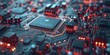© vefimov - Close-up of a red glowing circuit board with microchips, representing advanced technology and manufacturing in the electronics industry.