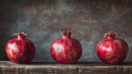 Poster - three ripe pomegranates, each with a few seeds visible, sit in a row on a rustic wooden surface agai