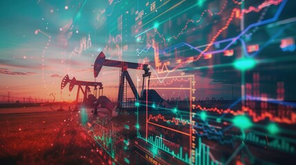 Poster - Oil pumps are silhouetted against a sunset sky, overlaid with digital charts and graphs representing rising energy prices.