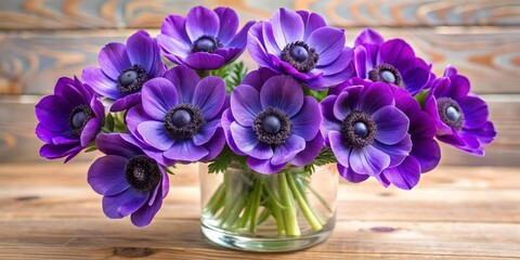 Wall Mural - Purple Anemone Bouquet in Glass Vase on Wooden Table, anemone, bouquet, flower, purple