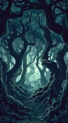 A sinister forest alive with twisted, gnarled trees. ,Dark Color light ,vectorline design , illustration , Mobile Wallpaper