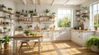 © Stock Spectrum - Sunlit Kitchen with Wooden Shelving and Greenery, interior design , kitchen decor , home design , modern kitchen