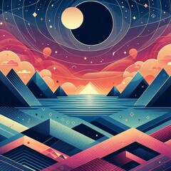 Wall Mural - geometric art style landscapes. AI generated illustration