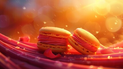 Poster -   A few pink macaroons rest atop a mound of pink plastic wrap on a table