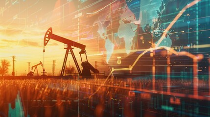 Aufkleber - An oil pump stands in a field at sunset with a digital screen overlay displaying financial charts and a world map, reflecting the global impact of oil prices.