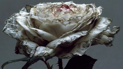 Poster -   White rose close-up on black stem with water droplets on petals against dark backdrop