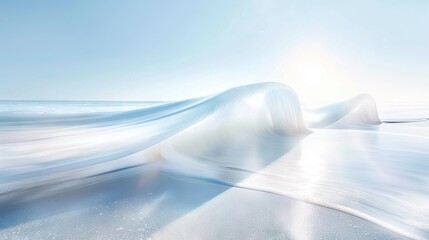 Poster -   A clear photo of a wave on a beach with the sun shining behind it and the ocean in the foreground