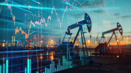 Aufkleber - Oil pumps silhouette against a backdrop of financial charts, illustrating the connection between the energy industry and the global economy.