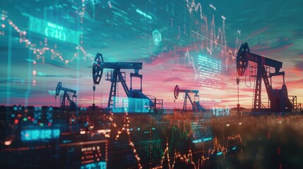 Aufkleber - Oil pumps in field with digital screen displaying financial data. Represents rising gas prices and economic impact