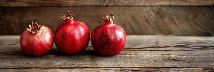 Poster - Three whole, red pomegranates sit on a rustic wooden tabletop.