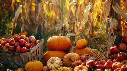 Poster - A bountiful autumn harvest of pumpkins, apples, and corn stalks in a field.