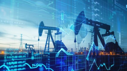 Aufkleber - Silhouettes of oil pumps in a field are overlaid with digital screens displaying financial charts, representing the rising cost of gasoline.