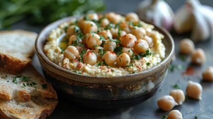 Bowl of Hummus With Garlic and Herbs