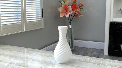 Wall Mural -   A white vase adorned with flowers rests atop a table, framing a window with shutters