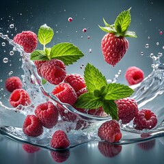 Raspberries and mint leaves splash water