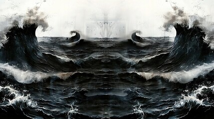 Wall Mural -   A monochrome depiction of a massive water body featuring an ascending wave from the depths below