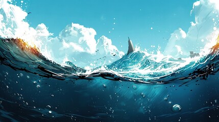 Poster -   A large body of water with a shark in the center and clouds in the backdrop