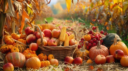 Poster - A basket overflowing with apples, corn, and pumpkins sits amongst a bountiful harvest of fall produce.