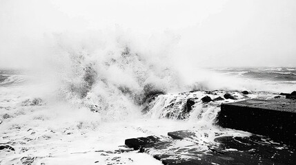 Canvas Print -   Photo of a large wave crashing on a rocky shore by the sea