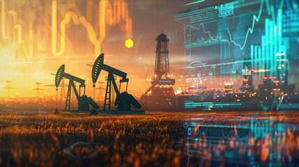Poster - Oil pumps stand silhouetted against a sunset, overlaid with a digital screen displaying financial charts, representing the concept of rising gasoline prices.