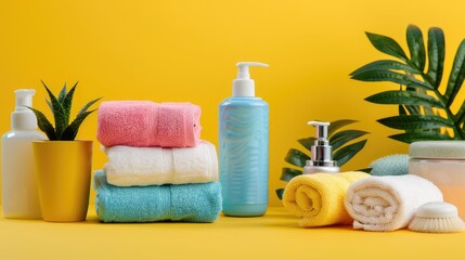 Canvas Print - Displaying Colorful Towels and Cosmetics on Yellow Background for Product Montage