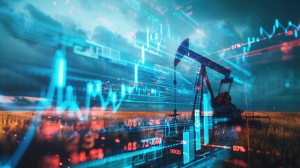 Poster - An oil pump stands in a field, silhouetted against a sky overlaid with digital financial chart graphs.
