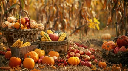 Aufkleber - A bountiful autumn harvest of pumpkins, apples, and corn is displayed in woven baskets and wooden crates on the ground of a field.