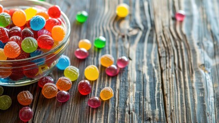 Sticker - Colorful candies on wooden table with glass Text space