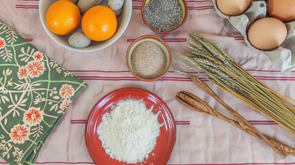 Poster -   A tablecloth features bowls of food beside eggs and oatmeal on top