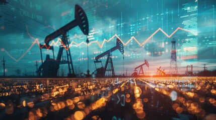 Poster - Oil pumps silhouetted against a sunset sky with overlaid financial charts displaying data fluctuations.