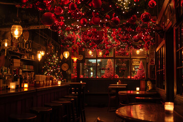 a new york irish pub decorated for christmas, covered in red lights and decorations, with an array o