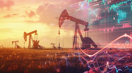 Aufkleber - Oil pumps in a field at sunset with superimposed financial charts and graphs, illustrating the concept of rising gasoline prices.