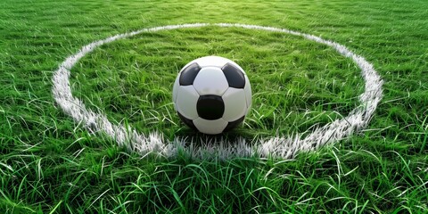 soccer ball placed in point circle line , soccer stadium, grass, hight detail