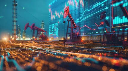 Aufkleber - Silhouettes of oil pumps in a field at night, with a digital screen in the background displaying financial charts and data.