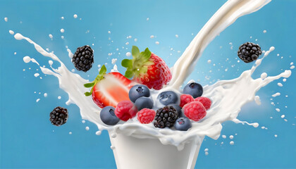 Fruit berry mix falling in milk and splashing isolated on blue background. Smoothie or milkshake prepearing.
