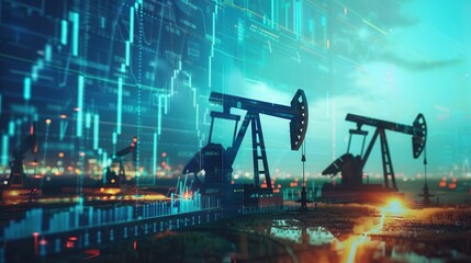 Aufkleber - Silhouettes of oil pumps are set against a background of financial charts with rising values.