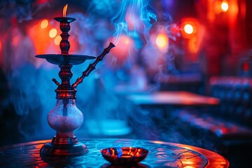 Hookah is releasing white smoke at shisha lounge bar with blue and red lights