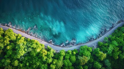Wall Mural - aerial view of a winding coastal road flanked by lush green forests on one side and the clear blue o