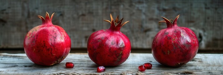Aufkleber - Three ripe pomegranates with visible seeds sit on a weathered wooden surface.