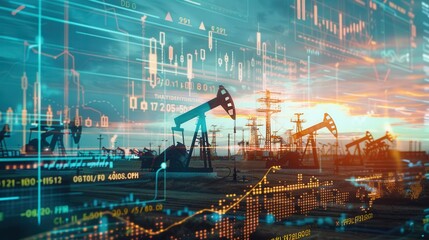 Aufkleber - A field of oil pumpjacks is overlaid with a digital screen displaying financial charts, showcasing the rising price of gasoline.